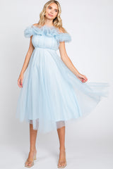 Light Blue Tulle Off Shoulder Midi Dress