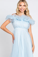 Light Blue Tulle Off Shoulder Midi Dress