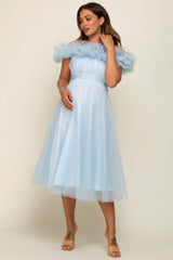 Light Blue Tulle Off Shoulder Maternity Midi Dress