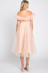 Light Pink Tulle Off Shoulder Midi Dress