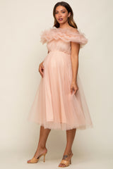 Light Pink Tulle Off Shoulder Maternity Midi Dress