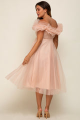 Light Pink Tulle Off Shoulder Maternity Midi Dress