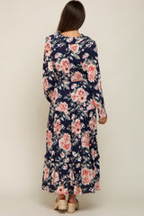 Navy Floral Smocked Ruffle Neck Maternity Maxi Dress