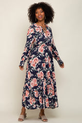 Navy Floral Smocked Ruffle Neck Maternity Maxi Dress