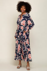 Navy Floral Smocked Ruffle Neck Maxi Dress