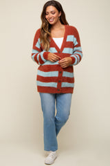 Light Blue Striped Fuzzy Maternity Cardigan