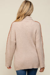 Beige Contrast Stitch Turtleneck Maternity Sweater