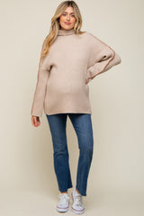 Beige Contrast Stitch Turtleneck Maternity Sweater