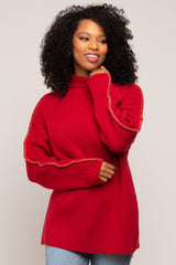 Red Contrast Stitch Turtleneck Maternity Sweater