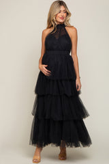 Black Tulle Halter Ruffle Tiered Maternity Midi Dress