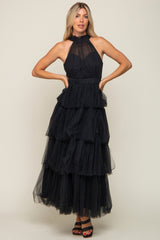 Black Tulle Halter Ruffle Tiered Midi Dress