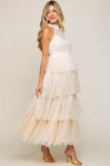 Cream Tulle Halter Ruffle Tiered Maternity Midi Dress