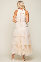 Cream Tulle Halter Ruffle Tiered Midi Dress