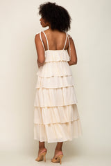 Cream Lace Shoulder Tie Ruffle Tiered Midi Dress