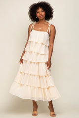 Cream Lace Shoulder Tie Ruffle Tiered Midi Dress