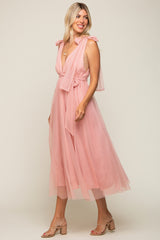 Pink Dotted Tulle Deep V-Neck Shoulder Tie Midi Dress