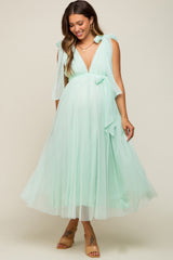 Mint Green Dotted Tulle Deep V-Neck Shoulder Tie Maternity Midi Dress