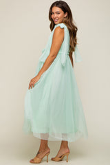 Mint Green Dotted Tulle Deep V-Neck Shoulder Tie Maternity Midi Dress