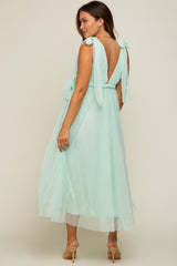 Mint Green Dotted Tulle Deep V-Neck Shoulder Tie Maternity Midi Dress