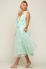 Mint Green Dotted Tulle Deep V-Neck Shoulder Tie Midi Dress