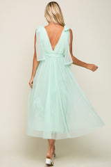 Mint Green Dotted Tulle Deep V-Neck Shoulder Tie Midi Dress