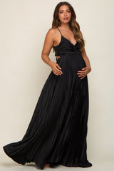 Black Satin Pleated Cutout Maternity Gown