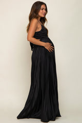 Black Satin Pleated Cutout Maternity Gown