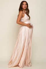 Beige Satin Pleated Cutout Maternity Gown