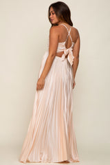 Beige Satin Pleated Cutout Maternity Gown