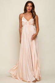 Beige Satin Pleated Cutout Maternity Gown