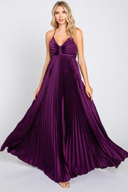 Plum Satin Pleated Cutout Gown