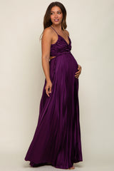 Plum Satin Pleated Cutout Maternity Gown