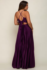 Plum Satin Pleated Cutout Maternity Gown