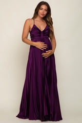 Plum Satin Pleated Cutout Maternity Gown