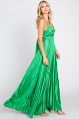 Green Satin Pleated Cutout Gown