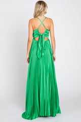 Green Satin Pleated Cutout Gown