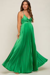 Green Satin Pleated Cutout Maternity Gown