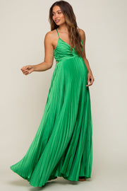 Green Satin Pleated Cutout Maternity Gown