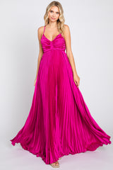 Magenta Satin Pleated Cutout Maternity Gown