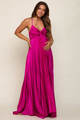 Magenta Satin Pleated Cutout Maternity Gown