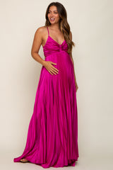 Magenta Satin Pleated Cutout Maternity Gown