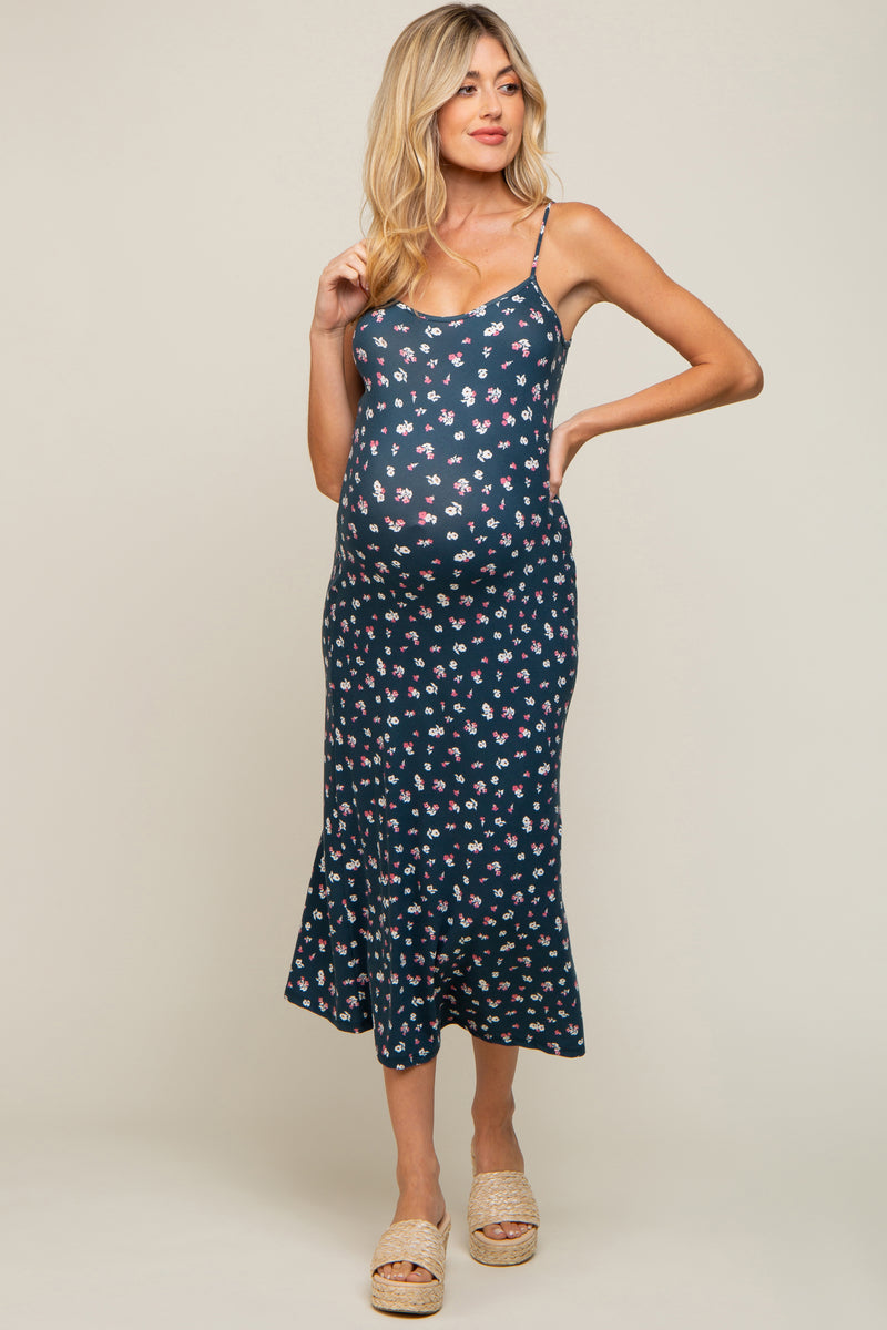 Navy Floral Sleeveless Maternity Midi Dress – PinkBlush