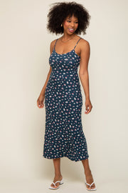 Navy Floral Sleeveless Midi Dress