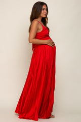 Red Satin Pleated Cutout Maternity Gown