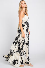 Ivory Floral Satin Pleated Cutout Gown