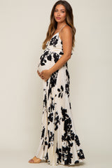 Ivory Floral Satin Pleated Cutout Maternity Gown