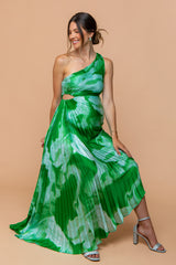 Green Watercolor Satin Pleated One-Shoulder Asymmetrical Maternity Midi Dress
