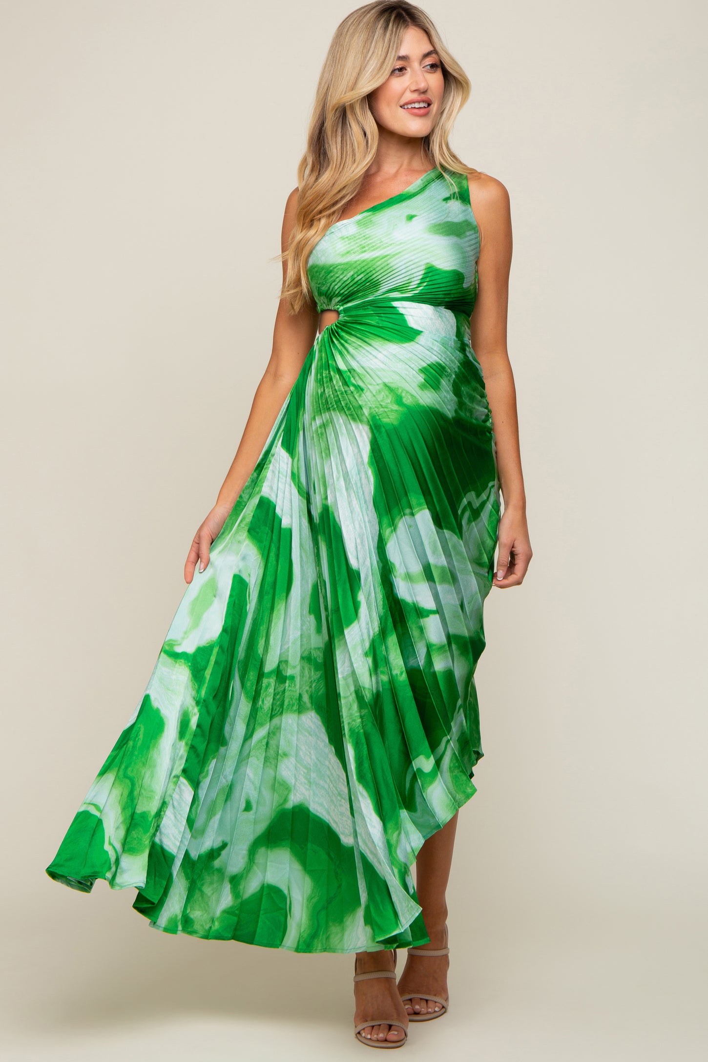 Green Watercolor Satin Pleated One-Shoulder Asymmetrical Maternity Mid–  PinkBlush
