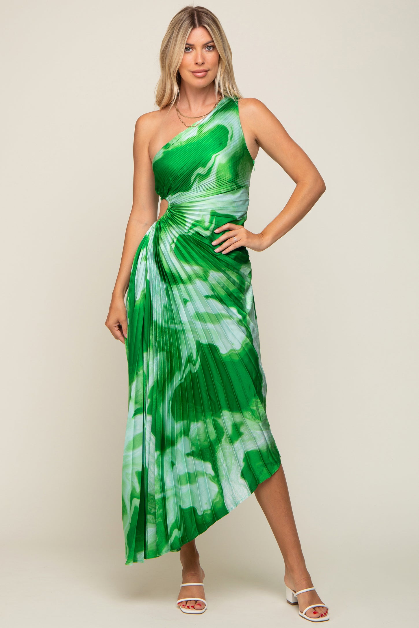 Emerald Green Satin One Shoulder Tie Waist Asymmetric Hem Midi Dress