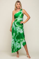 Green Watercolor Satin Pleated One-Shoulder Asymmetrical Maternity Midi Dress